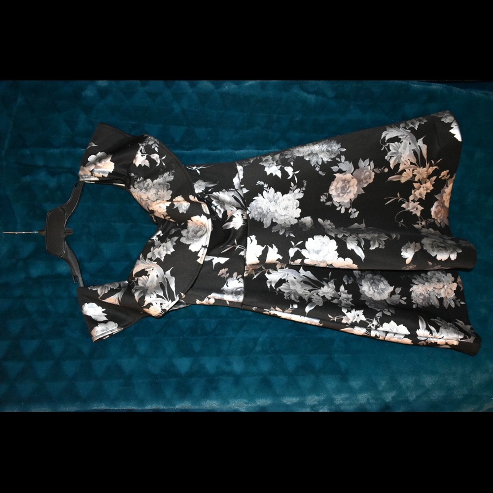 Off-shoulder Black Dress with Silver flowers